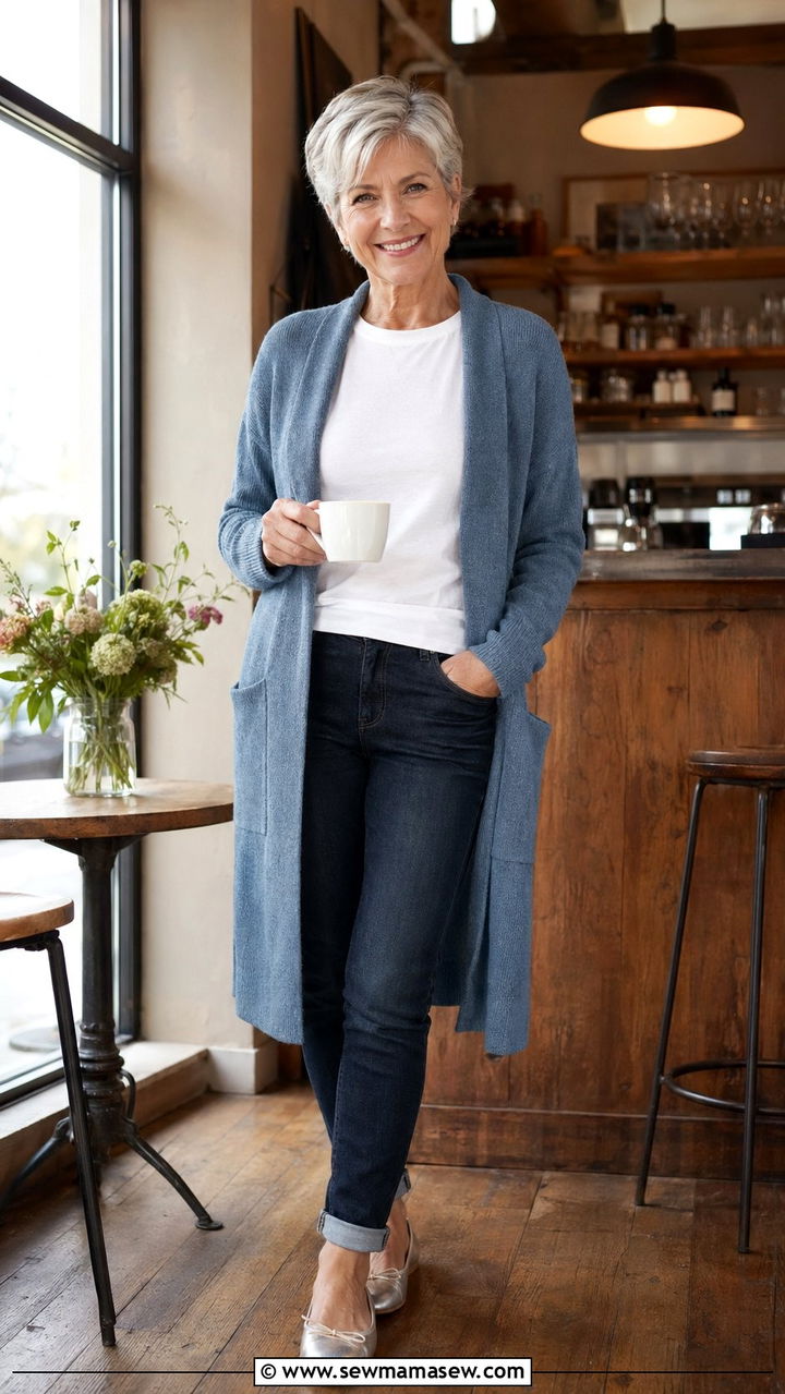 Long Cardigan with White Tee and Slim Ankle Jeans - 35 Petite outfit ideas for women over 60
