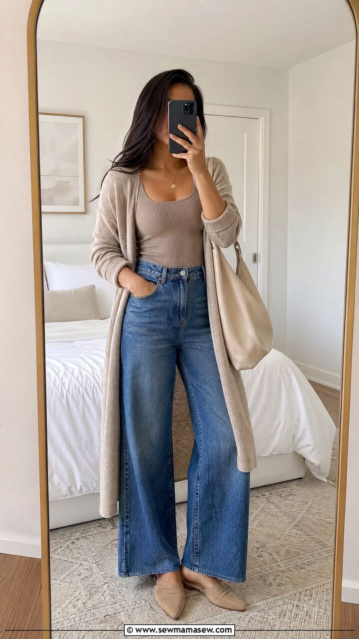 Long Cardigan with a Tank Top and High Waisted Jeans - 35 simple outfit ideas for women
