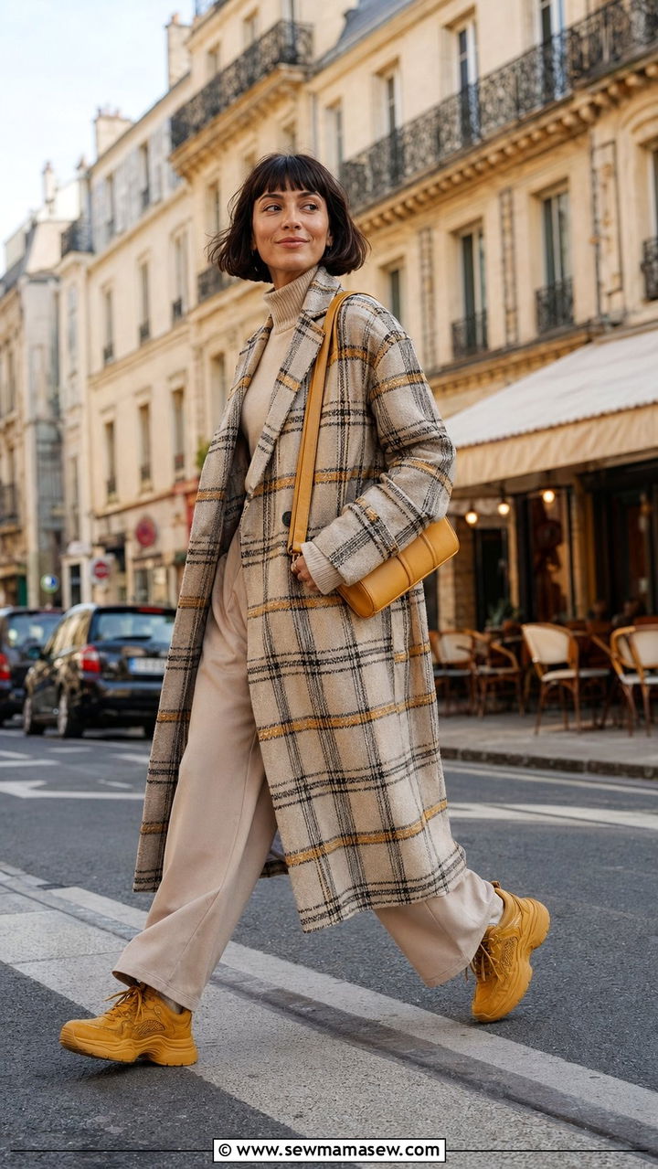 Long Check Coat with Bold Sneakers - 35 Paris outfits ideas