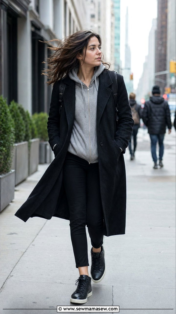 Long Coat With Hoodie And Fitted Pants - 30 windy day outfits Pinterest