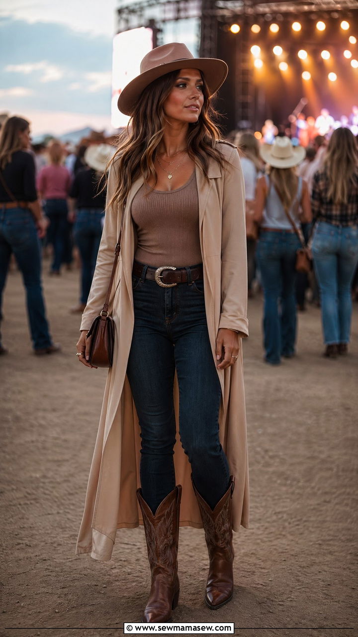 Long Coat and Ribbed Knit Top with Dark Jeans - 35 country concert outfit ideas for women