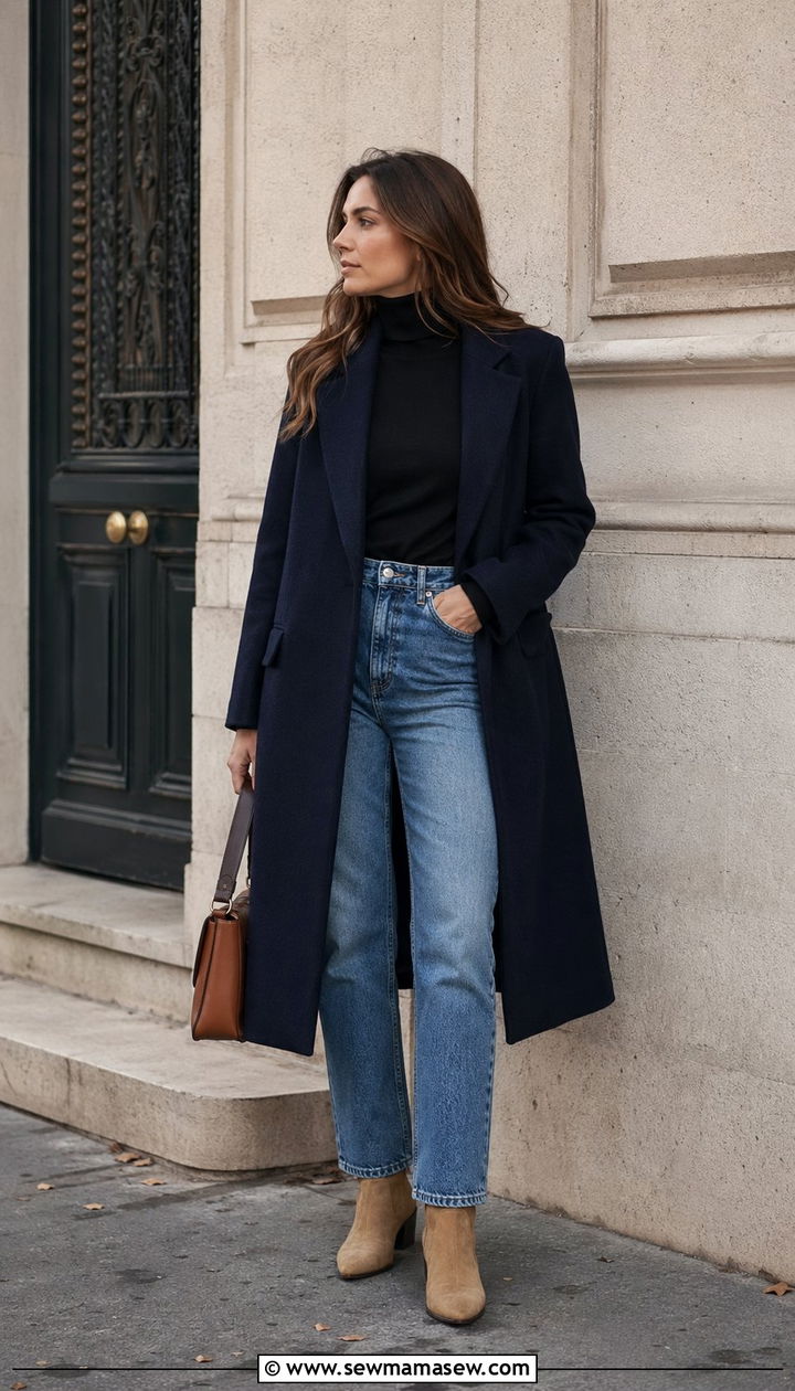 Long Coat with Relaxed Denim Outfit - 35 Scandinavian outfit ideas