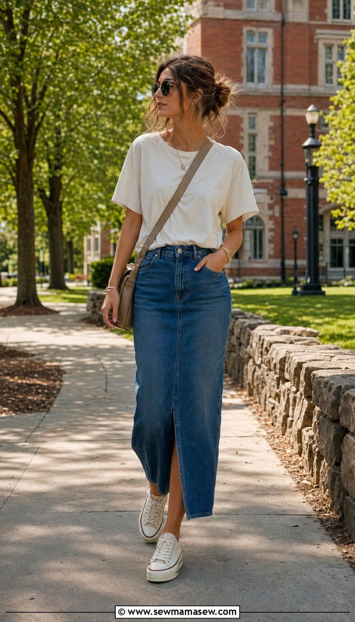 Long Denim Skirt With Relaxed T Shirt - 30 Back to school outfit ideas modest 2026