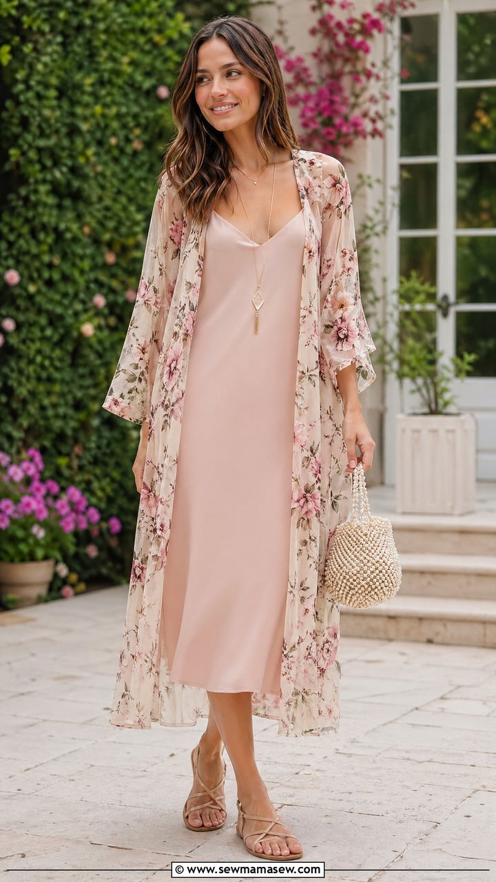 Long Duster Kimono Over Slip Dress - 35 spring boho chic outfit ideas