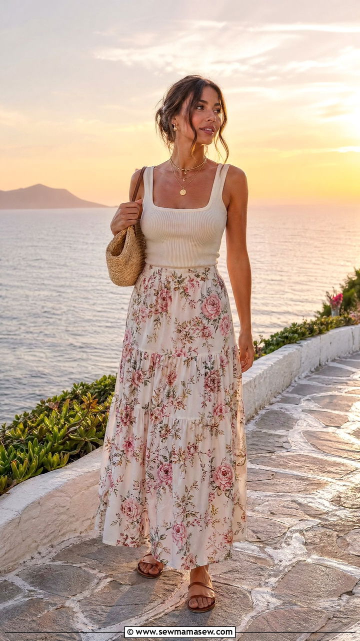Long Floral Maxi Skirt With Flat Leather Sandals Summer Outfit - 35 summer elegant outfit ideas