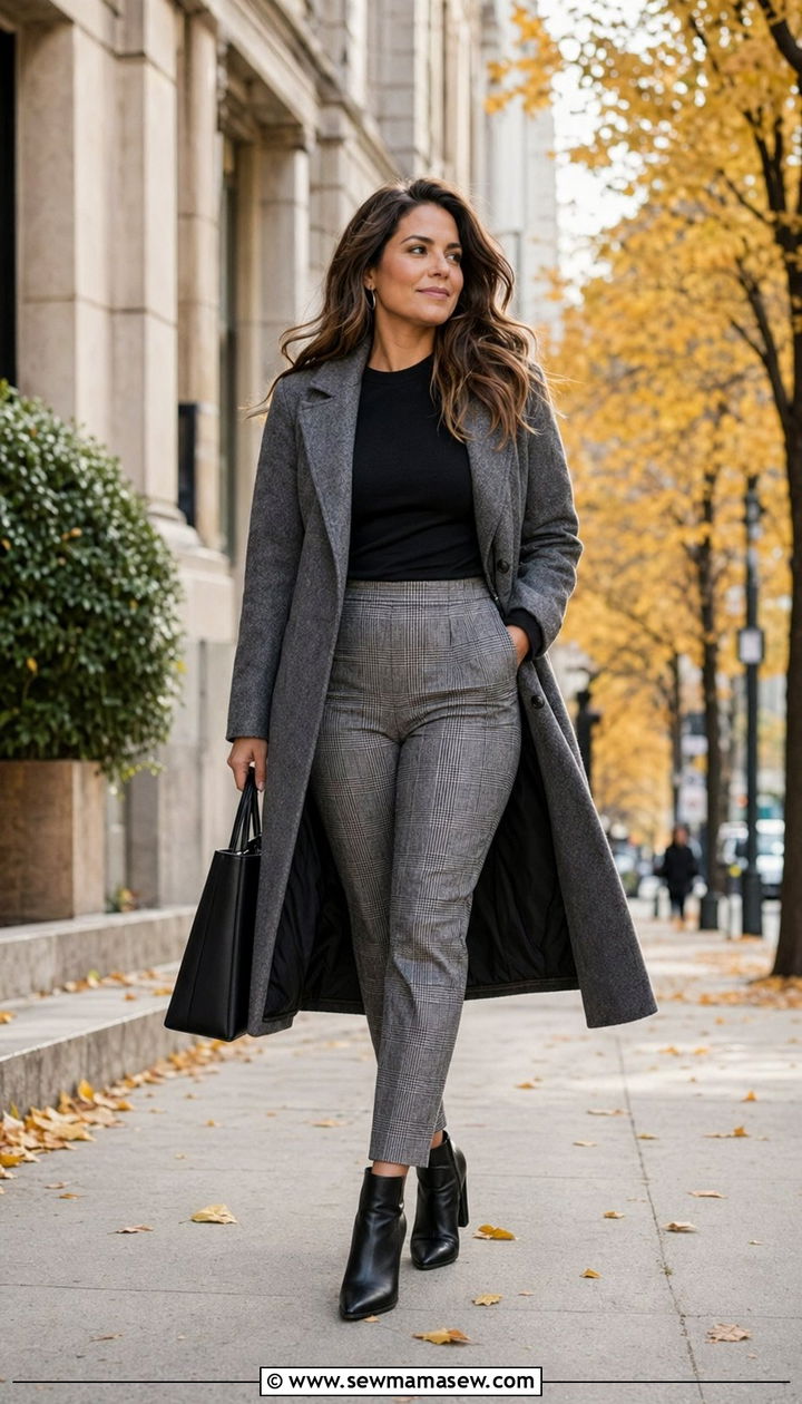 Long Gray Coat With Patterned Trousers And Ankle Boots - 30 Work outfits for midsize women
