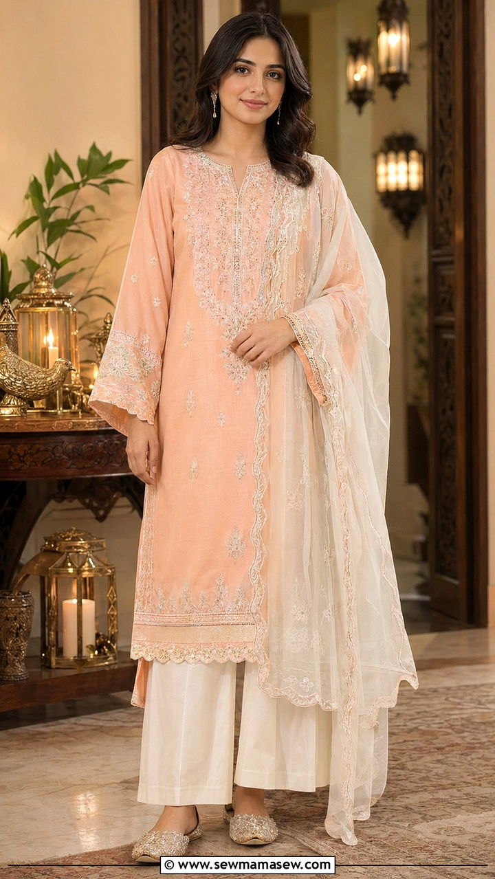 Long Kurta With Palazzo Pants And Embroidered Dupatta - 35 Ramadan outfit ideas for women