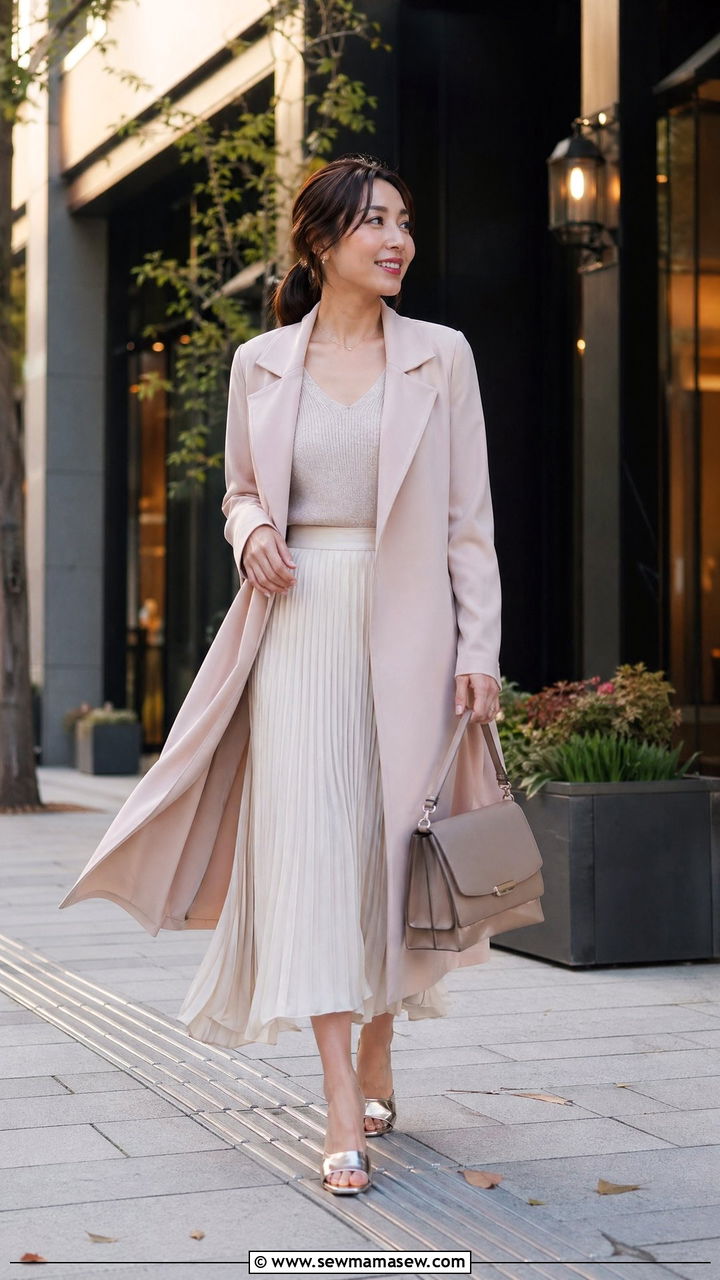 Long Line Coat And Pleated Midi Skirt Outfit Spring Japan - 35 Spring Japan outfit ideas