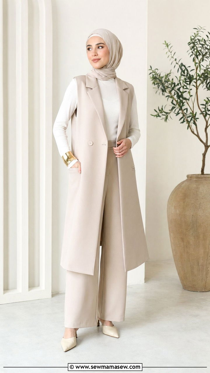 Long Line Vest And Wide Leg Trousers With Cuff Bracelet - 35 Modest outfit ideas for wedding guest