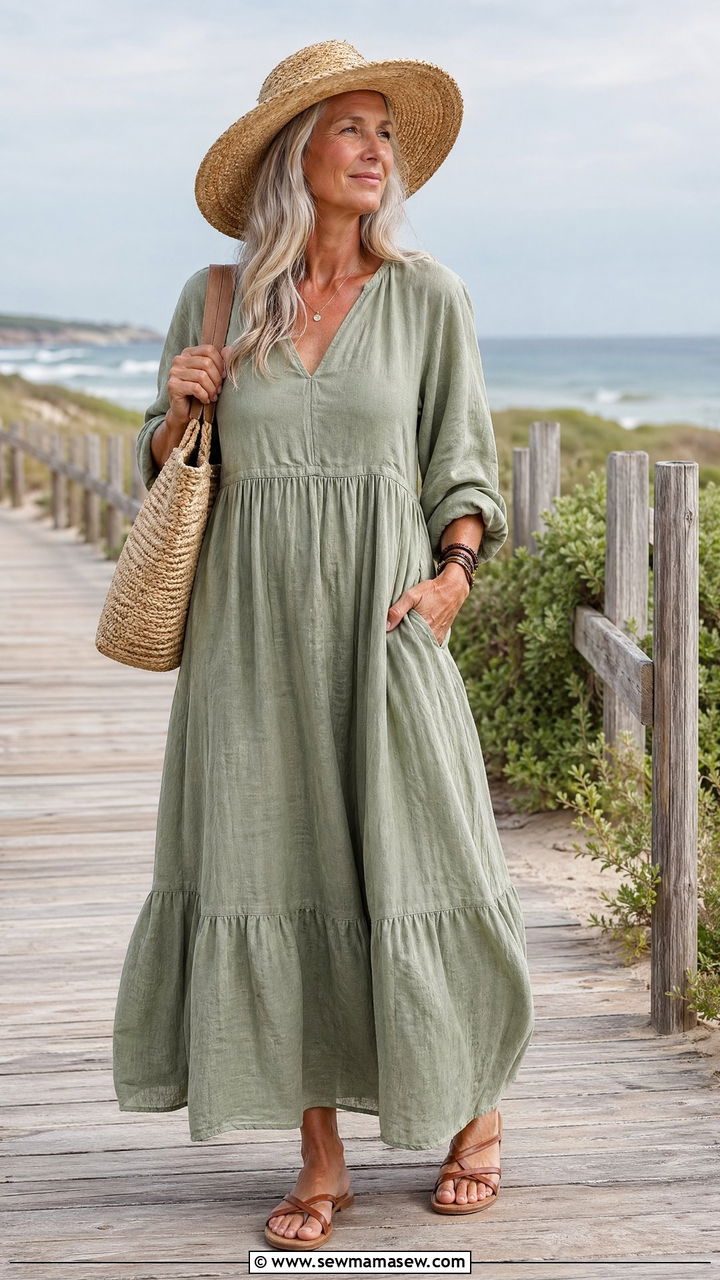 Long Linen Dress with Flat Sandals - 35 Spring outfits for women over 50