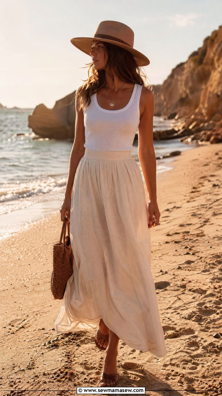 Long Linen Skirt and Fitted Tank Top - 35 summer linen outfit ideas