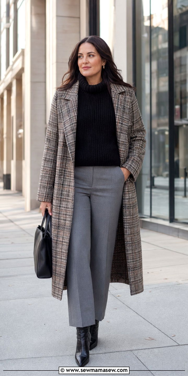 Long Plaid Coat With Black Sweater And Gray Trousers - 30 Work outfits for midsize women