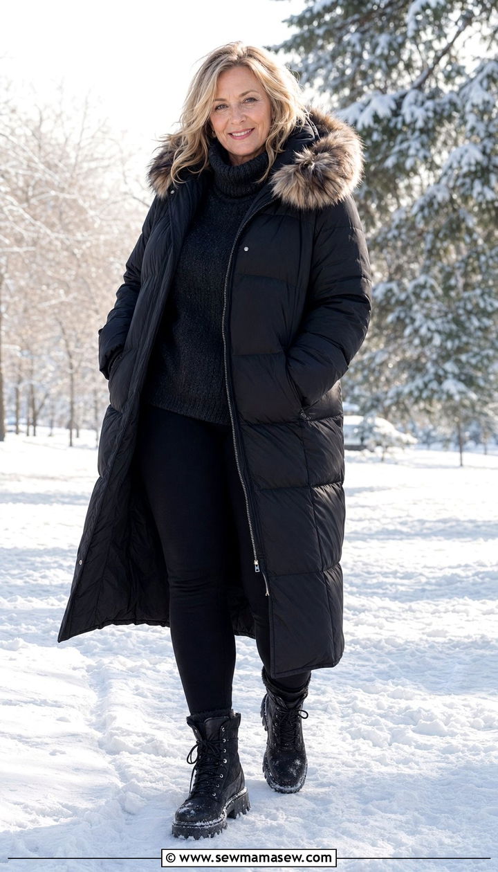 Long Puffer Coat With Fleece Lined Leggings - 35 Plus size outfits for women over 50