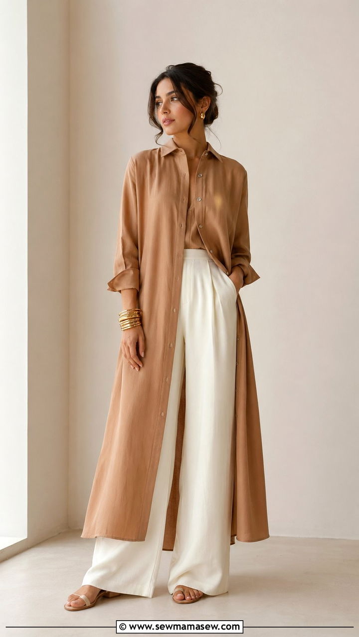 Long Shirt Dress and Wide Leg Trousers Modest Outfit - 35 modest classy outfits aesthetic