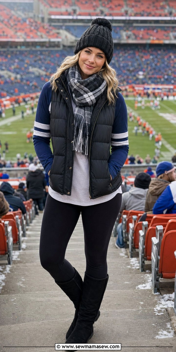 Long Sleeve Baseball Tee With Fleece Lined Leggings And Tall Boots - 30 Baseball game outfit ideas