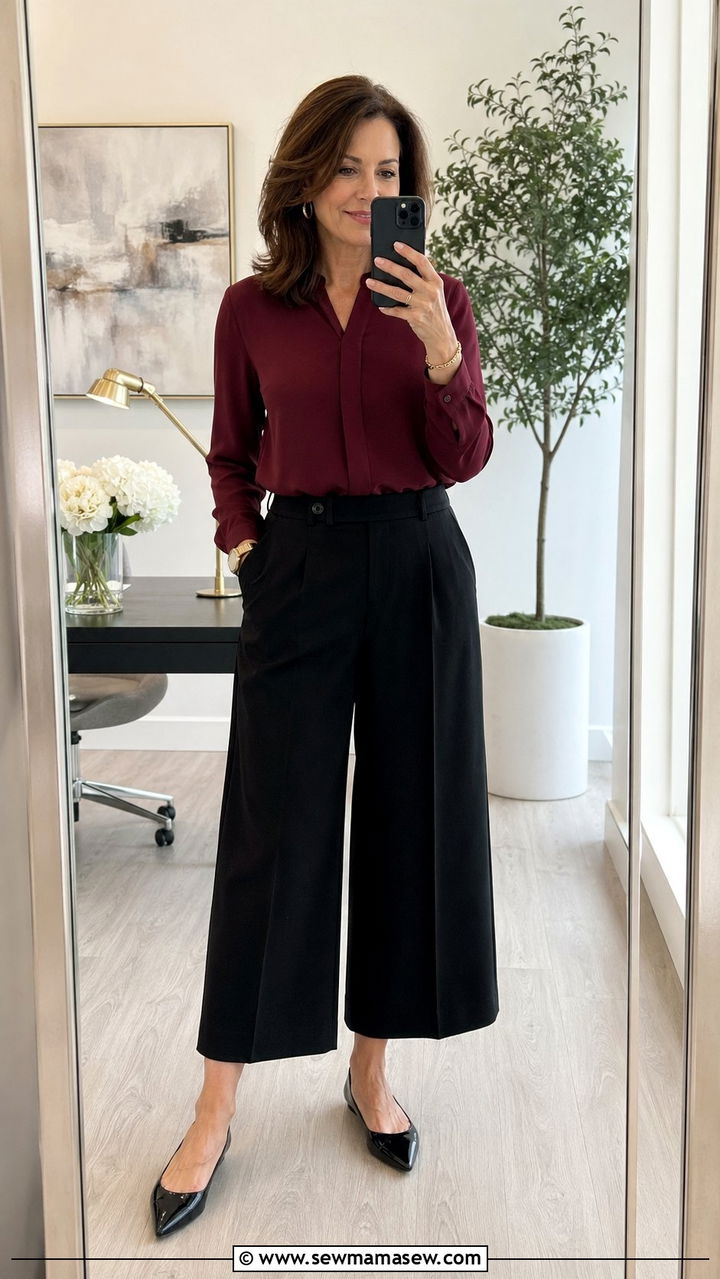 Long Sleeve Blouse With Culottes Outfit - 35 Modest outfits for women over 40