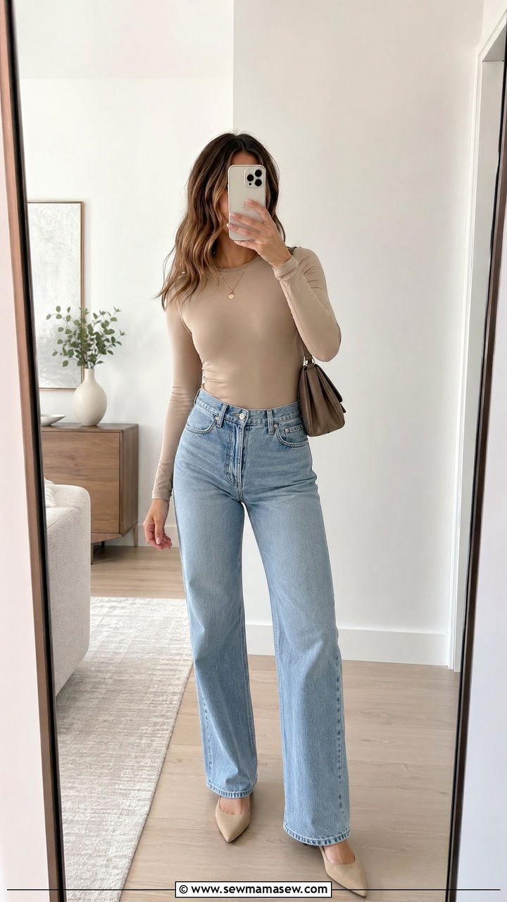 Long Sleeve Bodysuit With High Waisted Straight Jeans - 35 Windy summer outfits