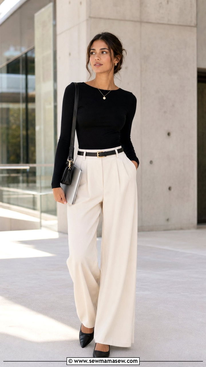 Long Sleeve Bodysuit and Wide Leg Trousers Outfit - 30 back to school outfits aesthetic