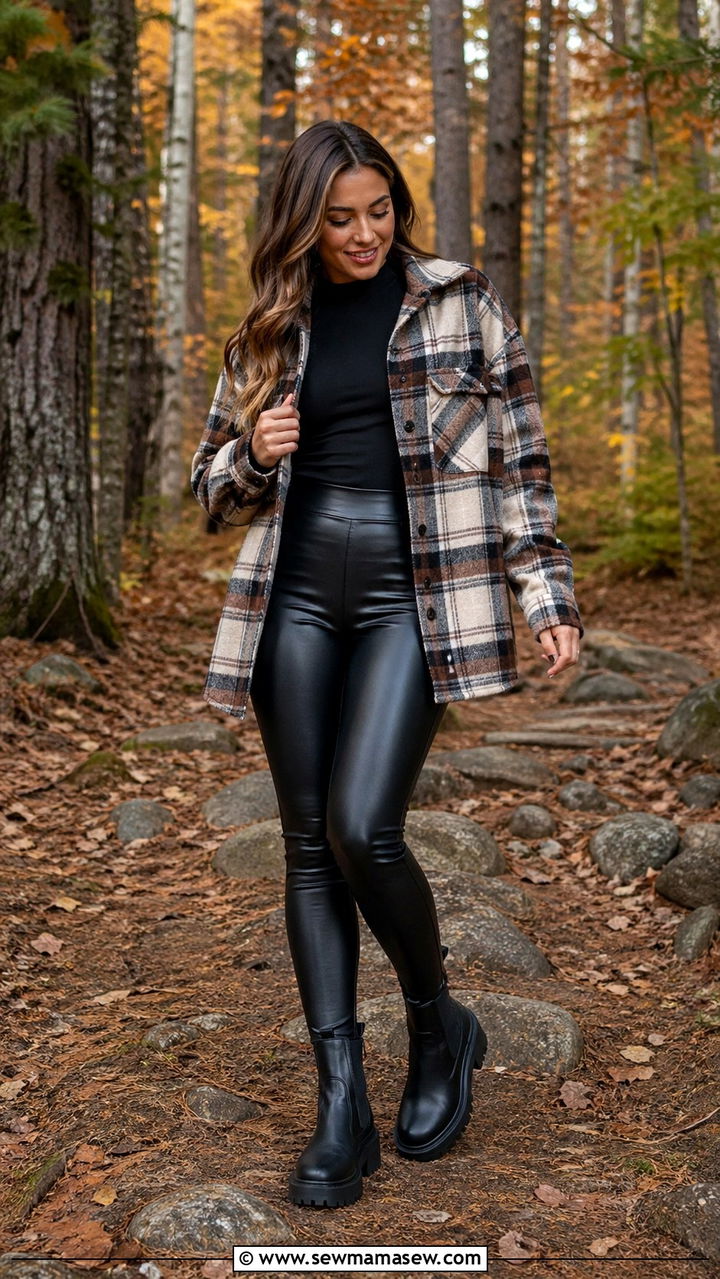 Long Sleeve Compression Top With Leather Look Leggings And Plaid Shacket - 30 sporty chic capsule wardrobe outfits