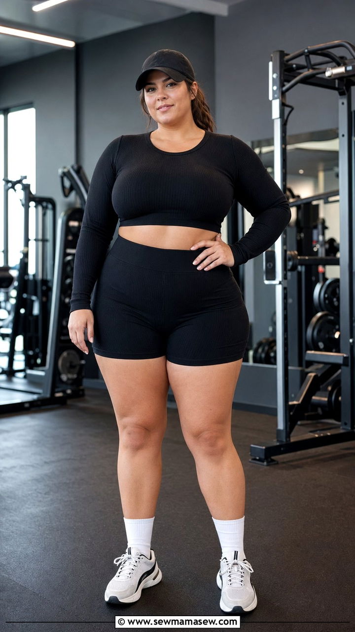 Long Sleeve Crop Top and High Waisted Shorts - 35 Plus size workout outfits