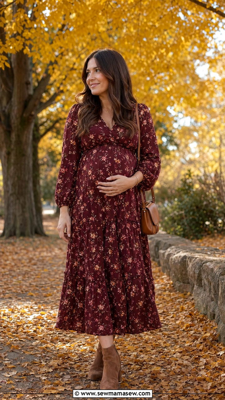 Long Sleeve Floral Dress For Fall Baby Shower - 30 baby shower outfit ideas for women