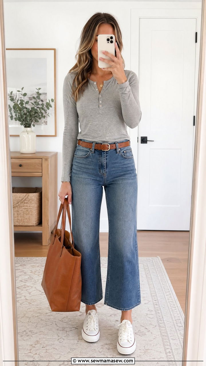 Long Sleeve Henley with Cropped Wide Leg Jeans - 35 Summer transition outfits for women