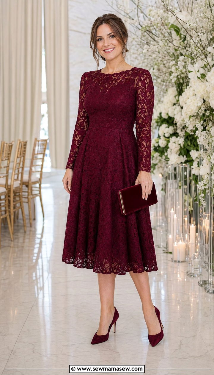 Long Sleeve Lace Dress With Closed Toe Heels - 30 wedding guest outfits for women over 30