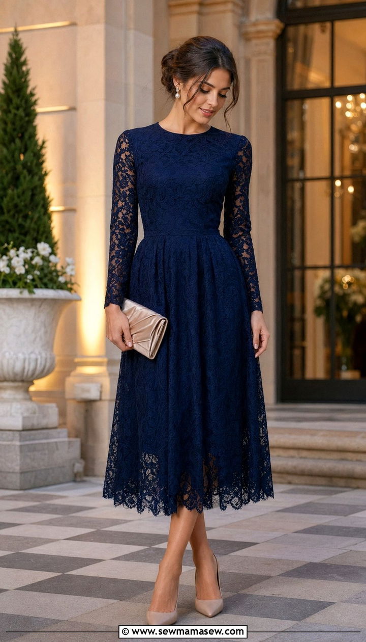 Long Sleeve Lace Dress for Wedding Guest Outfit - 35 modest outfit ideas for women