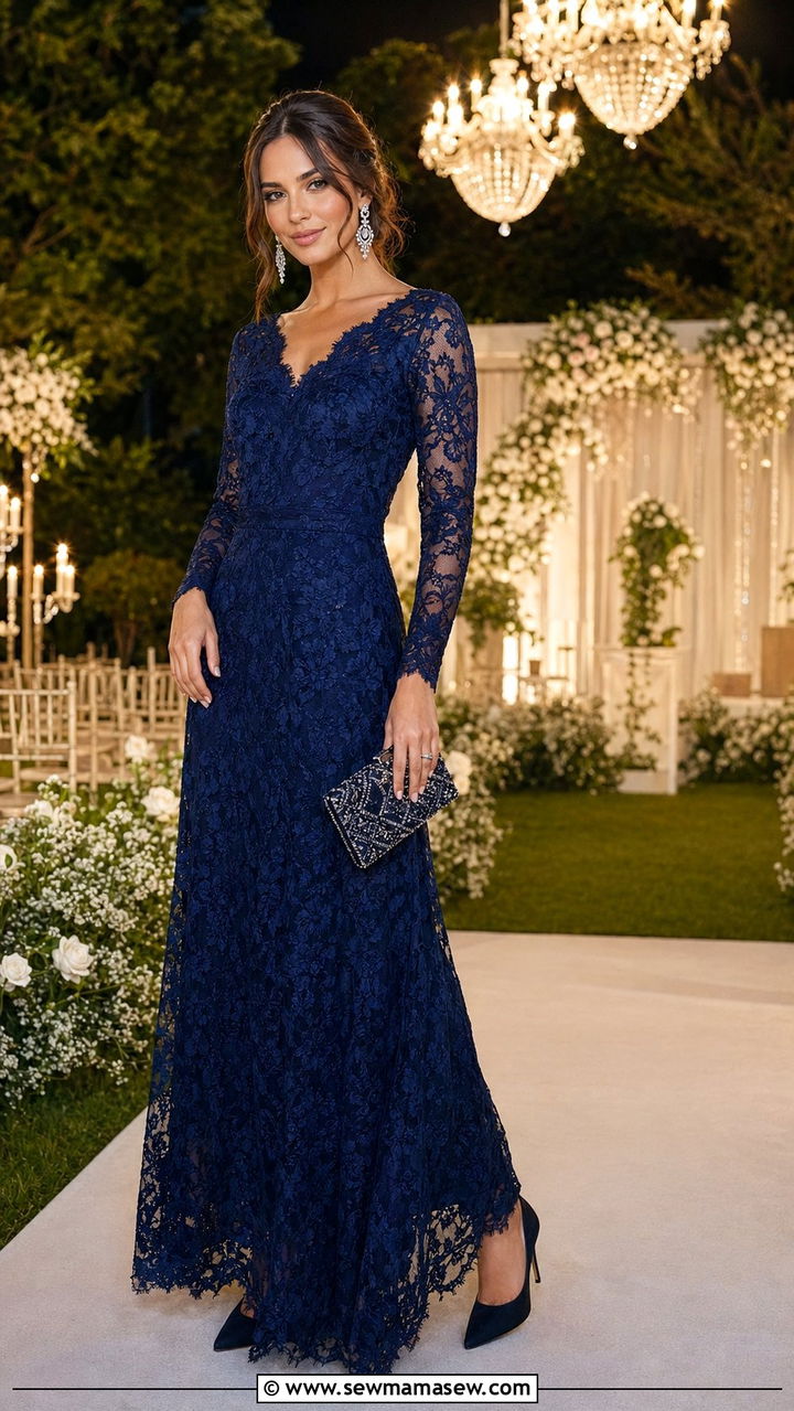 Long Sleeve Lace Gown With Heeled Pumps - 35 Outdoor wedding guest outfits