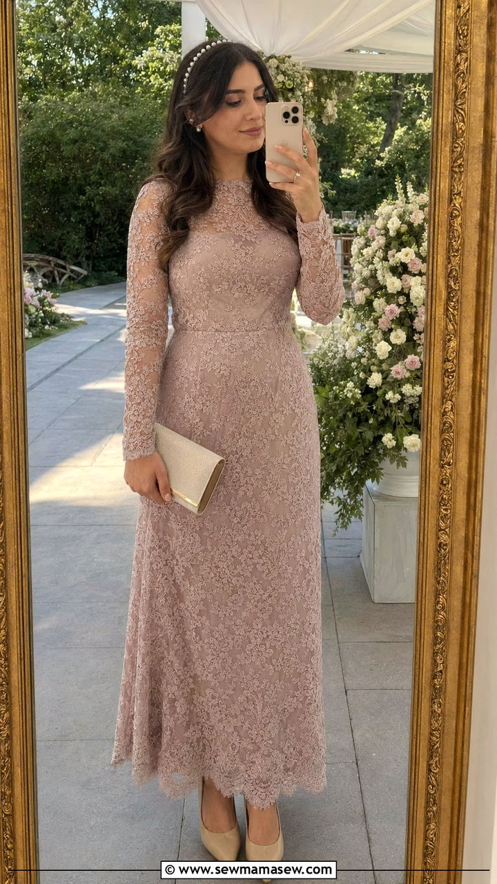 Long Sleeve Lace Maxi Dress With Pearl Headband - 35 Modest outfit ideas for wedding guest