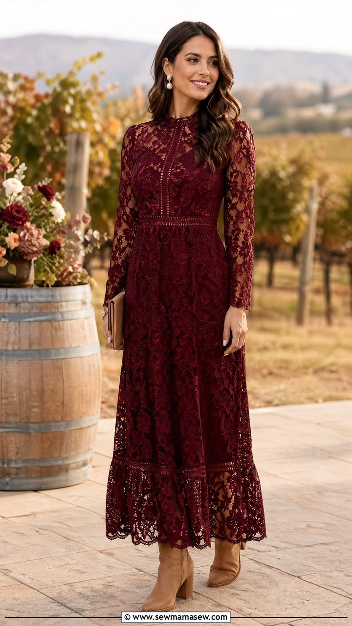 Long Sleeve Lace Maxi Dress with Heeled Boots - 35 Vineyard wedding guest outfits