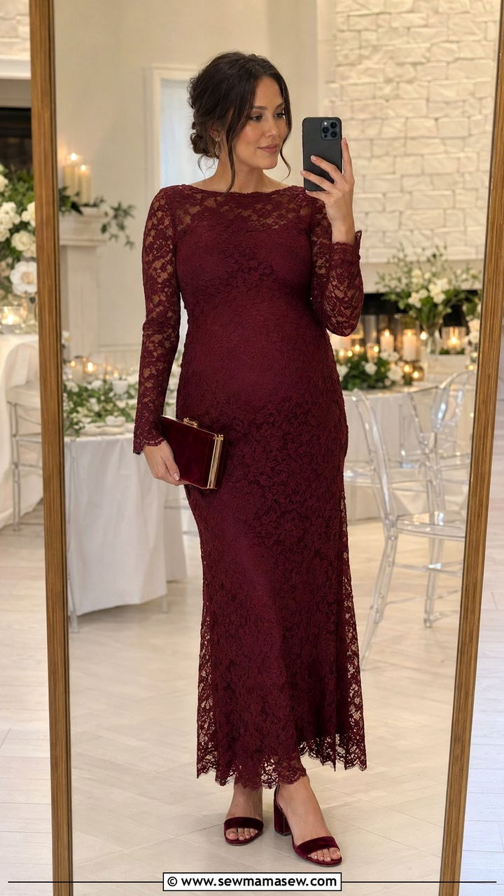 Long Sleeve Lace Maxi Dress with a Velvet Clutch - 30 Baby shower outfits for mom to be