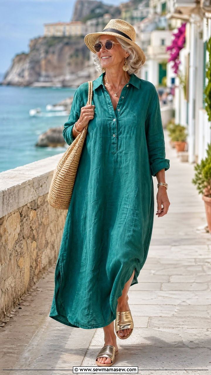 Long Sleeve Linen Dress with Slide Sandals - 35 Casual outfits for women over 60