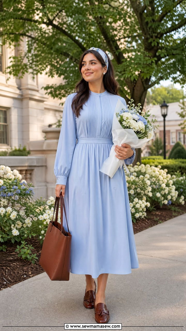 Long Sleeve Modest Midi Dress With Loafers - 35 what to wear to a graduation
