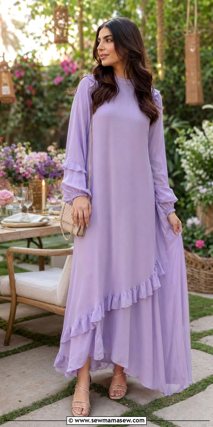 Long Sleeve Ruffle Maxi Dress With Strappy Sandals - 35 Ramadan outfit ideas for women