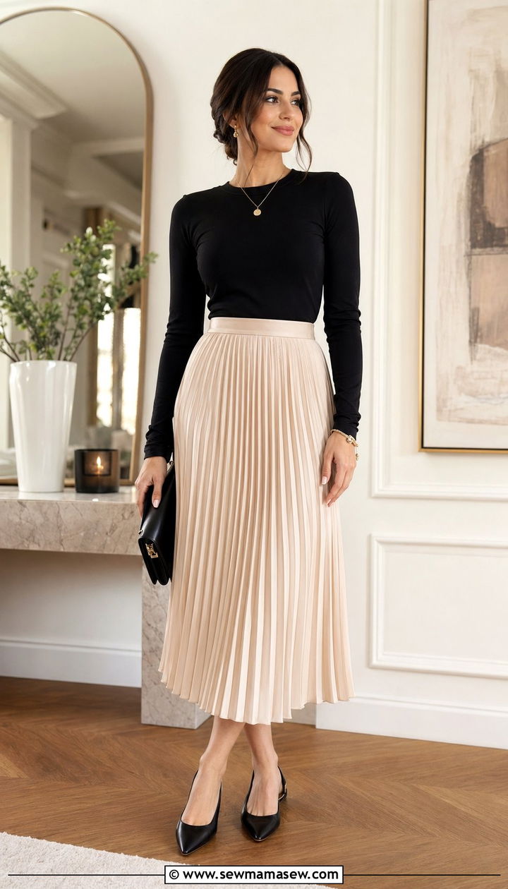Long Sleeve Tee With Pleated Midi Skirt - 35 Modest outfit ideas for moms