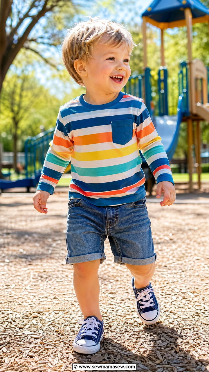 Long Sleeve Tee with Denim Shorts and Sneakers - 35 Spring outfits for toddlers