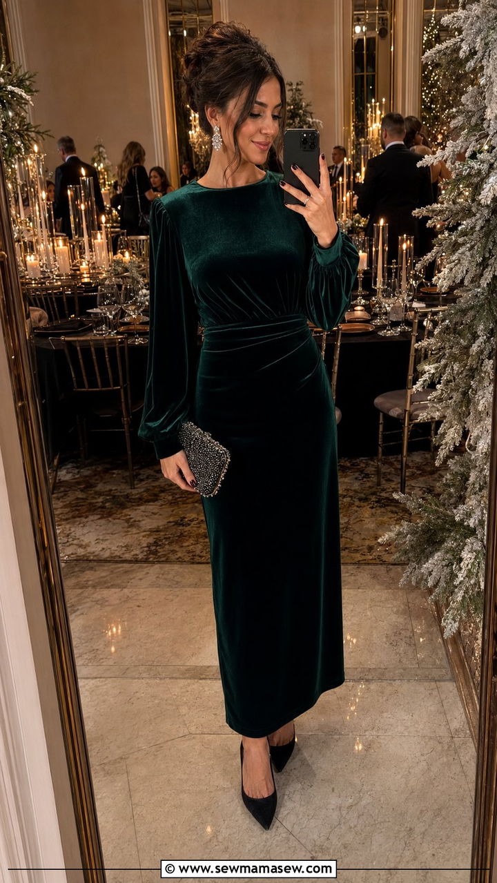 Long Sleeve Velvet Maxi Dress Winter Wedding Guest Outfit - 30 wedding guest outfits 2026