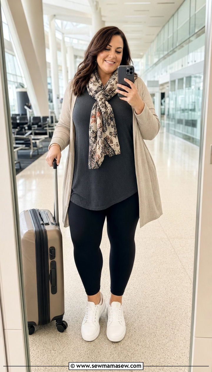 Long Tunic Top With Leggings And Lightweight Cardigan - 30 Airport outfits plus size