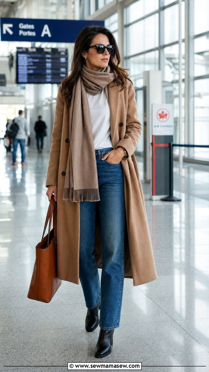 Long Wool Coat Denim Airport Outfit - 30 Airport outfit ideas aesthetic