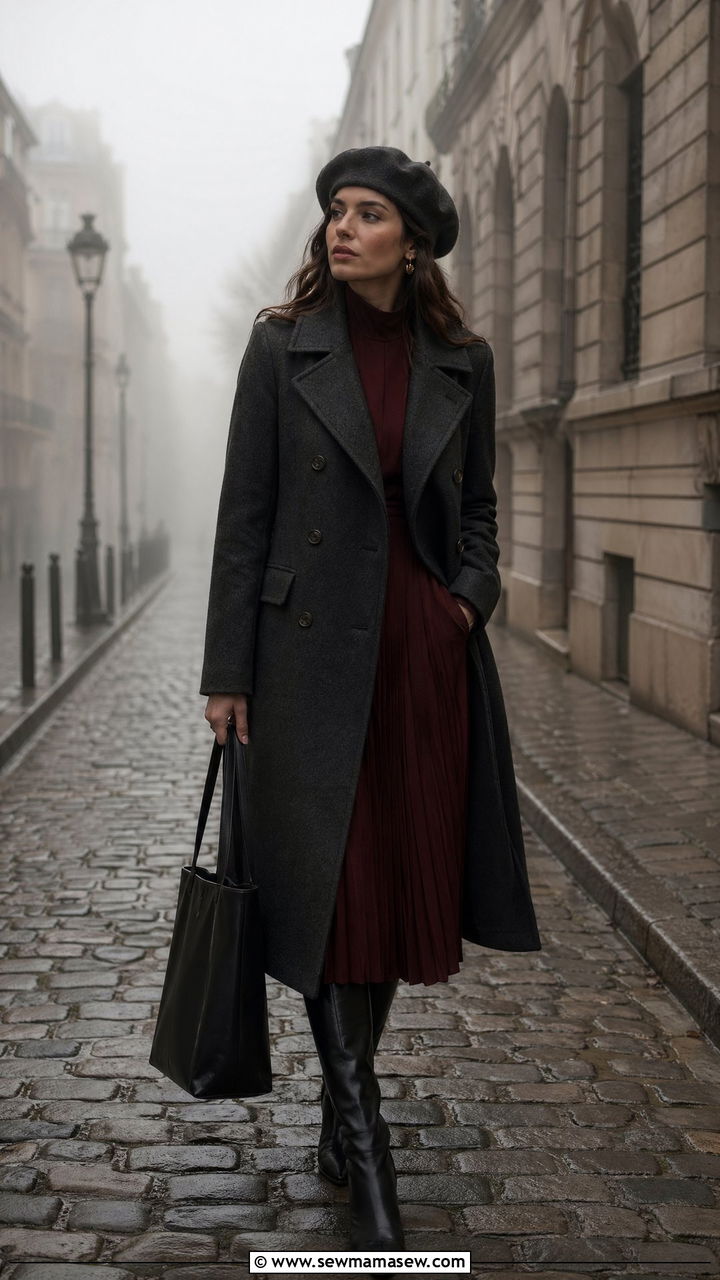 Long Wool Coat Outfit With Pleated Dress And Knee High Boots - 35 Dark academia outfit ideas