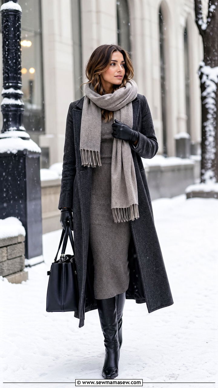 Long Wool Coat Over Knit Dress And Knee High Boots - 35 classy elegant outfits