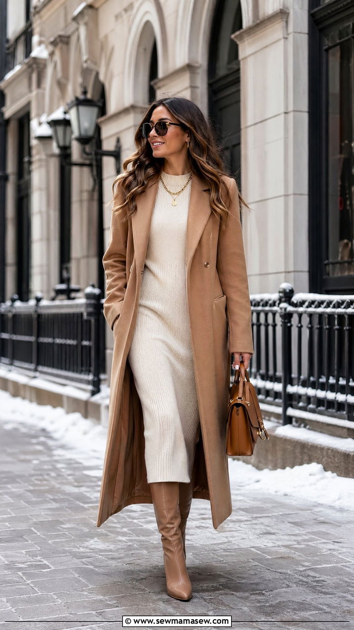 Long Wool Coat With Knit Dress And Boots Outfit - 35 Sunday brunch outfit ideas