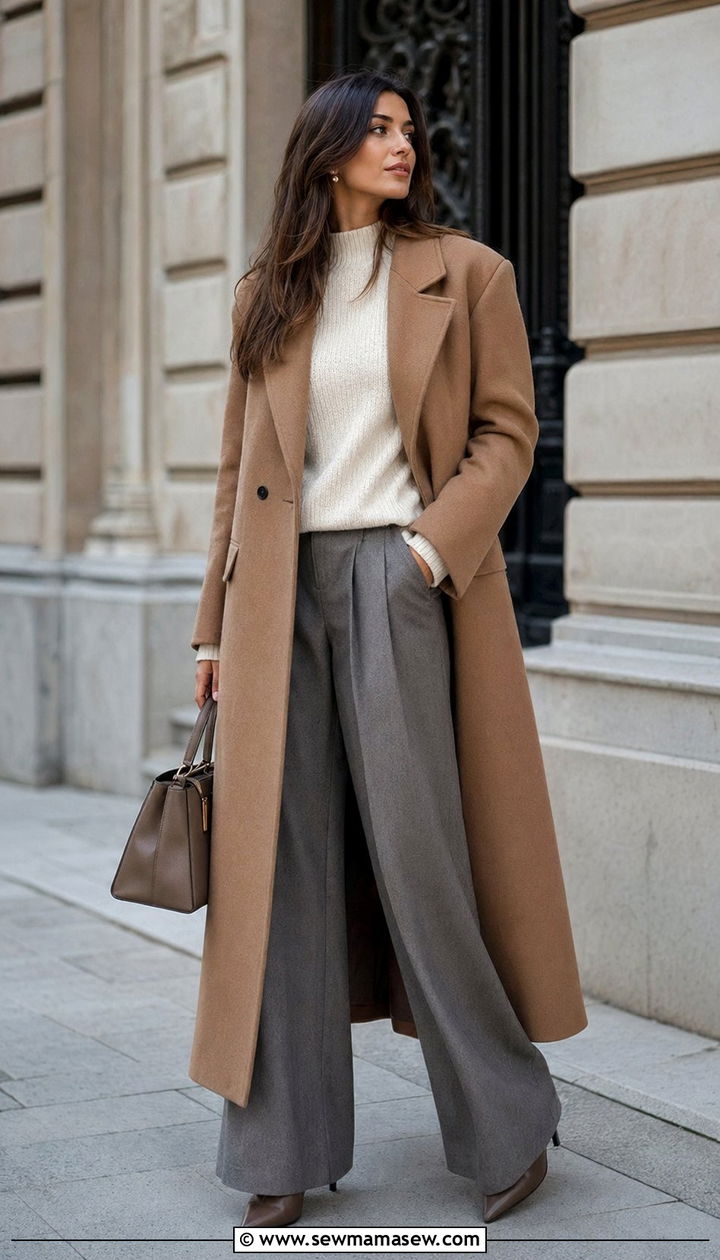 Long Wool Coat With Palazzo Pants and Heeled Boots - 35 palazzo pants outfit ideas for women
