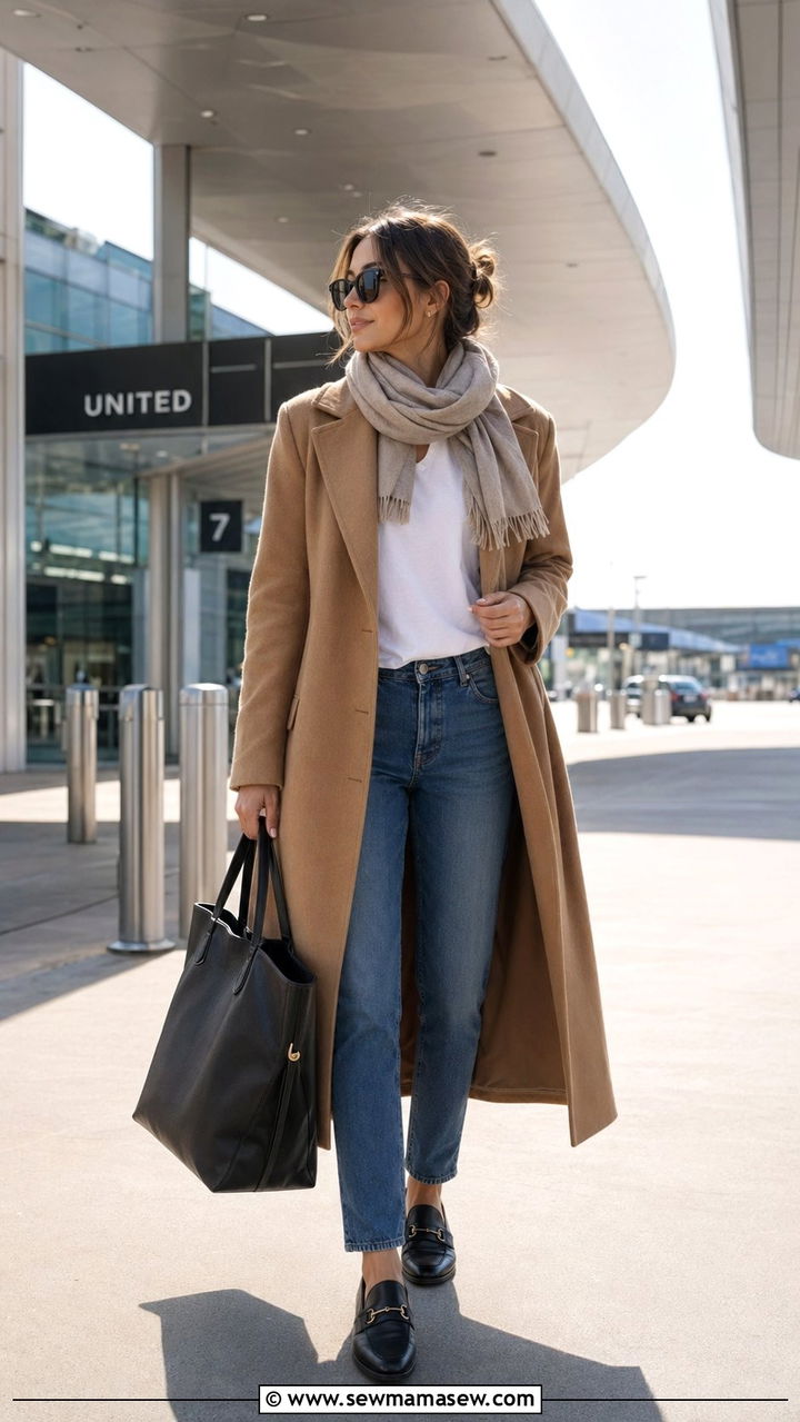 Long Wool Coat With Straight Leg Jeans And Slip On Loafers - 30 airport outfits inspo