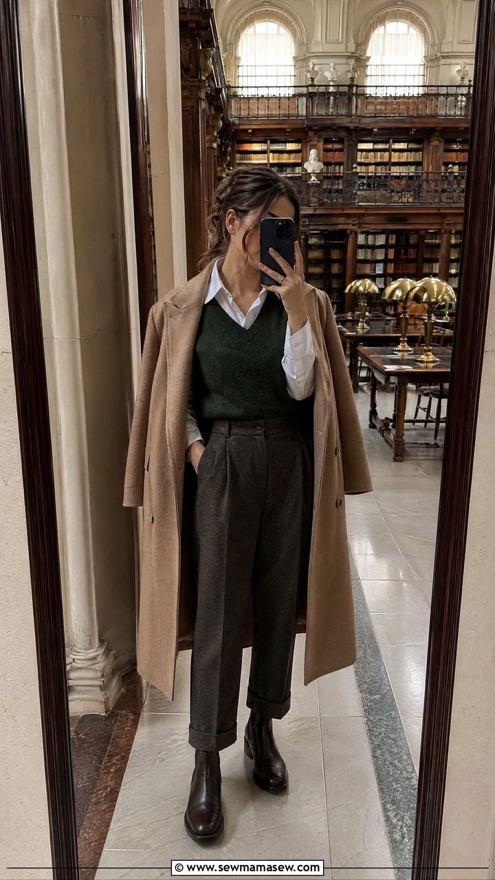 Long Wool Coat and Sweater Vest with High Waisted Trousers - 35 dark academia outfits