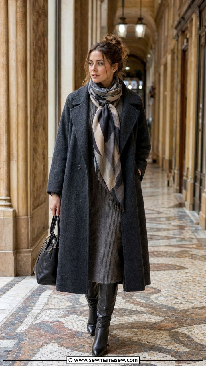 Long Wool Coat with Knit Midi Dress and Knee Boots - 35 Paris outfits for women