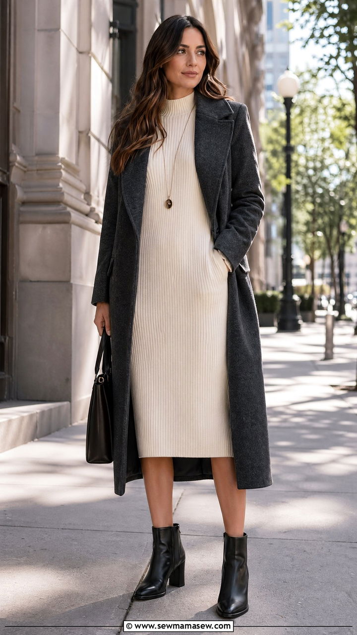 Long Wool Coat with a Sweater Dress and Ankle Boots - 35 Wool coat outfit ideas
