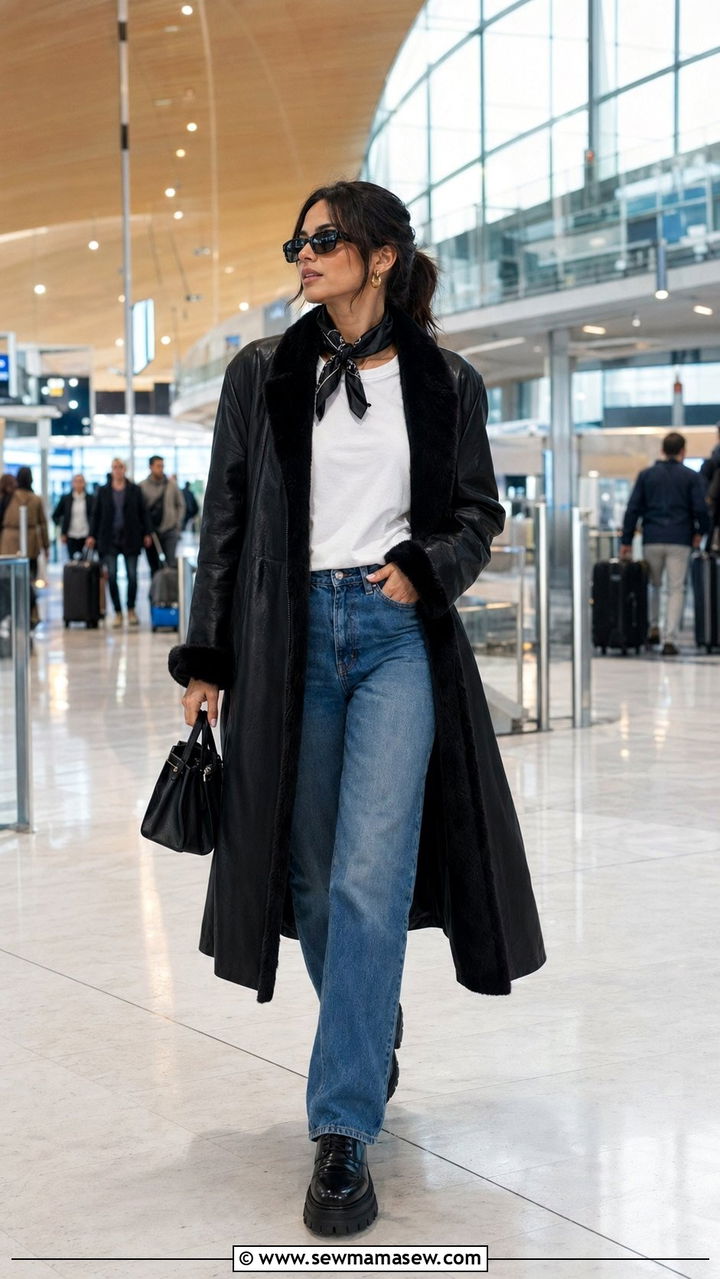 Long black leather coat airport outfit - 30 Airport outfit ideas Parisian