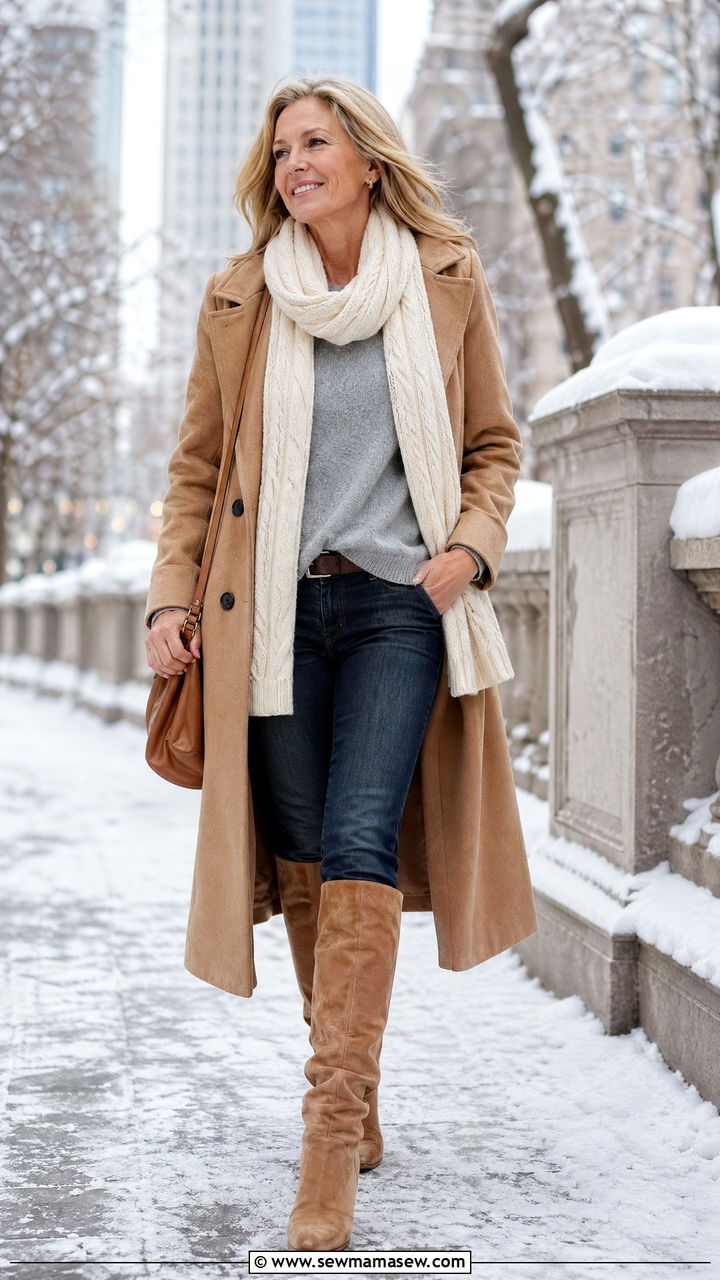 Long camel coat with gray sweater and knee high boots winter travel outfit - 35 Travel outfit ideas for women over 40